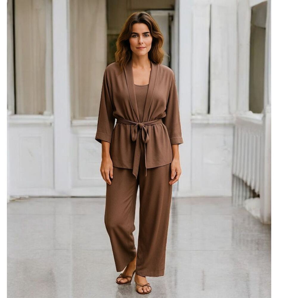 MONDI GALA Vintage‎ Suit Set XL Satin Flowy Pants Belted Top Jacket Dressy Event
